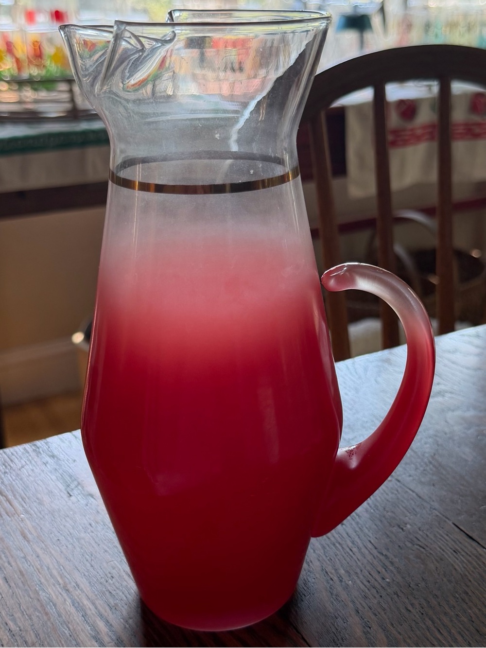 Vintage Blendo Ombré MCM Glass Pitcher Gold Rim Red Orange EC